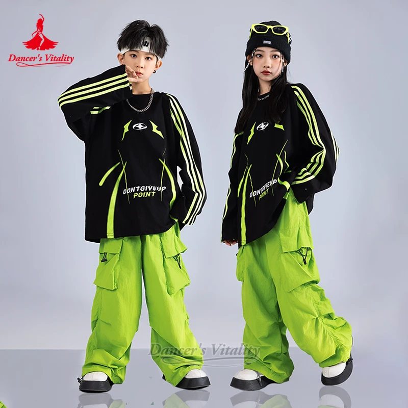 

Детский черный + флуоресцентный зеленый комплект из 2 предметов в стиле хип-хоп, футболка с длинными рукавами и брюки, тренировочная одежда, жизненная сила танцора