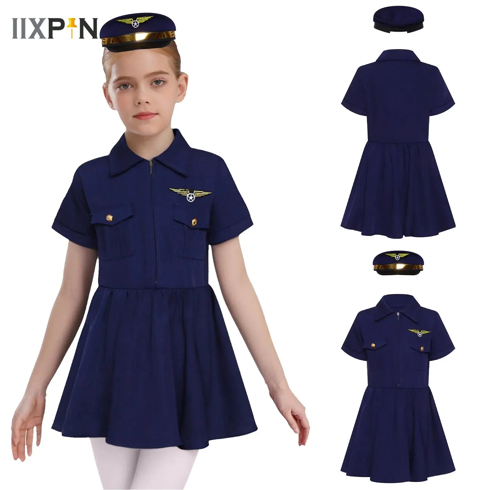 

Kids Girls Captain/Police/Pilot Dress with Hat Short Sleeve Professional Experience Clothing Children Halloween Cosplay Costume