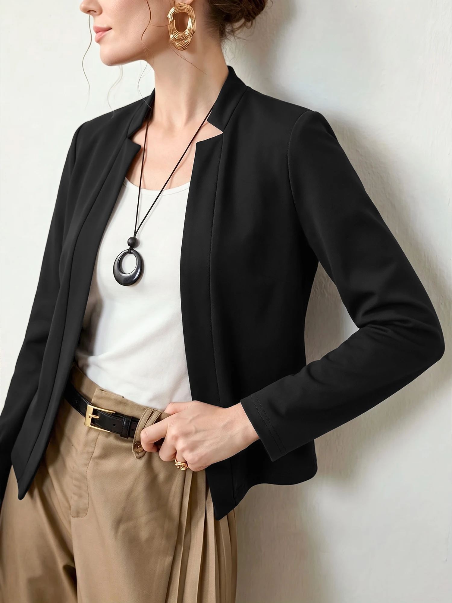 Female Office Blazer Jacket Long Sleeve Stand Collar Open Front Solid Slim Fit Daily Casual Outerwear For Shopping And Party