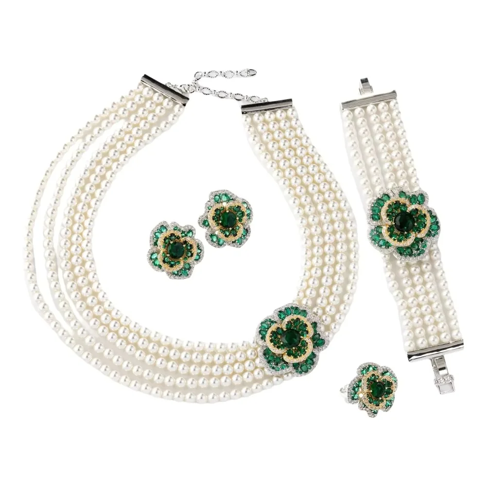 5rows Jewelry Set For Women's Wedding Party Imitation Pearl Zircon Flower Necklace Earring Ring Bracelet