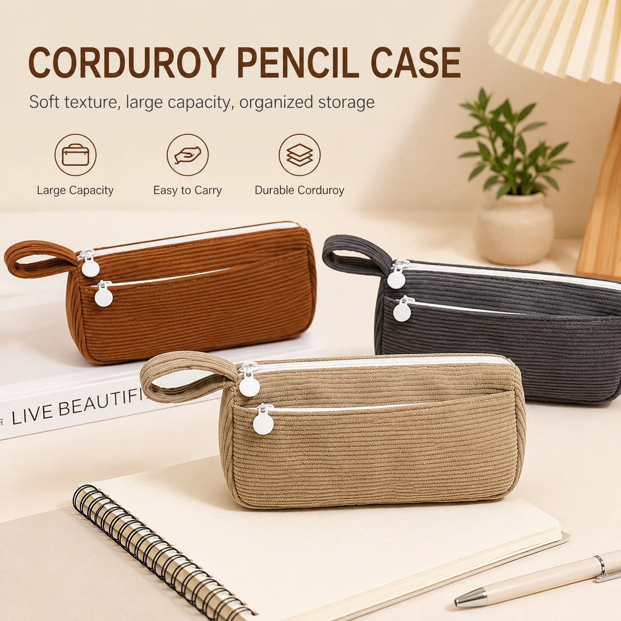 Pencil Case Large - Corduroy Pencil Case Double Zipper Large