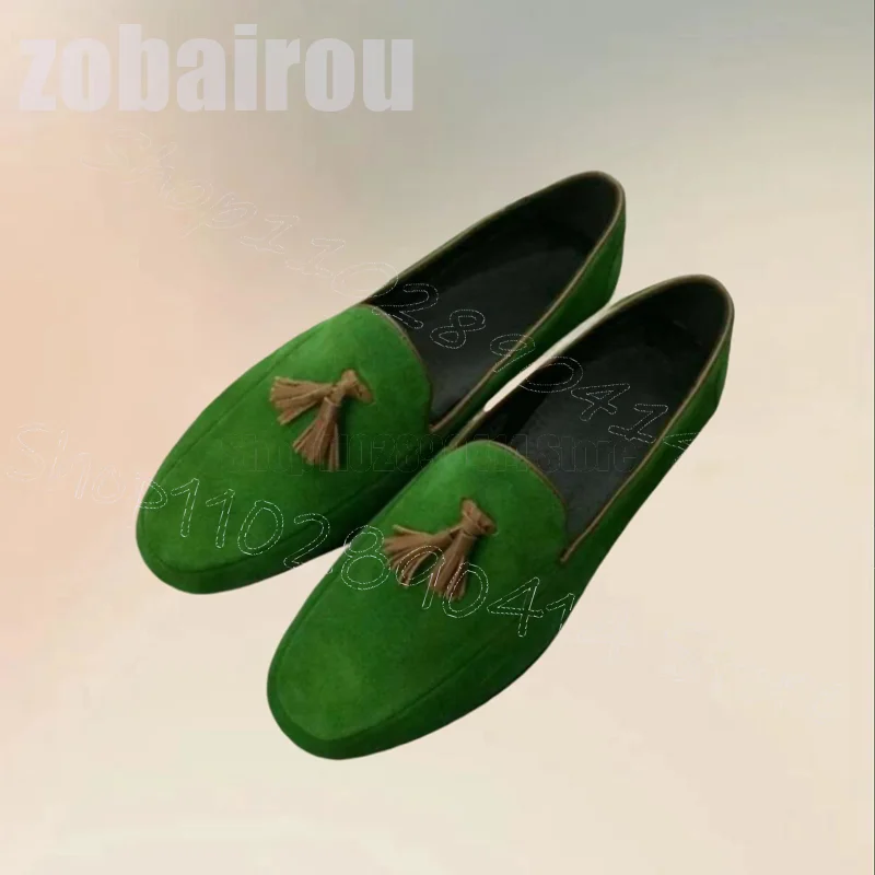 

Green Suede Brown Tassels Decor Penny Loafers Fashion Slip On Men Shoes Luxurious Handmade Party Banquet Dating Men Casual Shoes