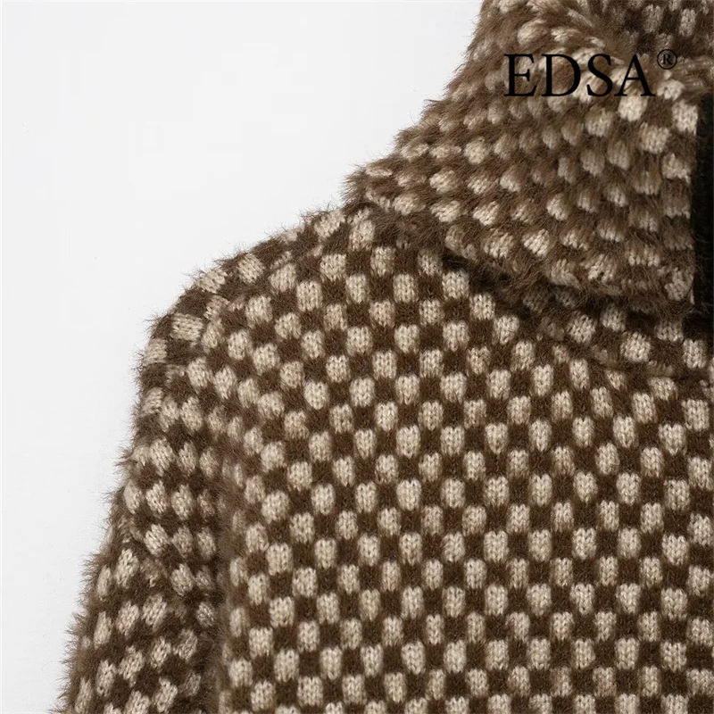 EDSA Chaqueta corta de piel sintética tejida en contraste para mujer, chaqueta Bomber informal de manga larga con cuello alto y cremallera lateral para mujer