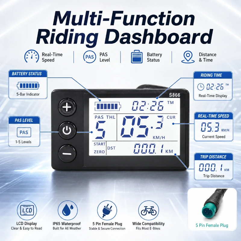 LCD-S866 E-Bike-Display 5-Pin Wasserdichter Buchsenstecker E-Bike LCD-Armaturenbrett Tachometer für Mountainbike Lithium-Batterie Modifikationsteile