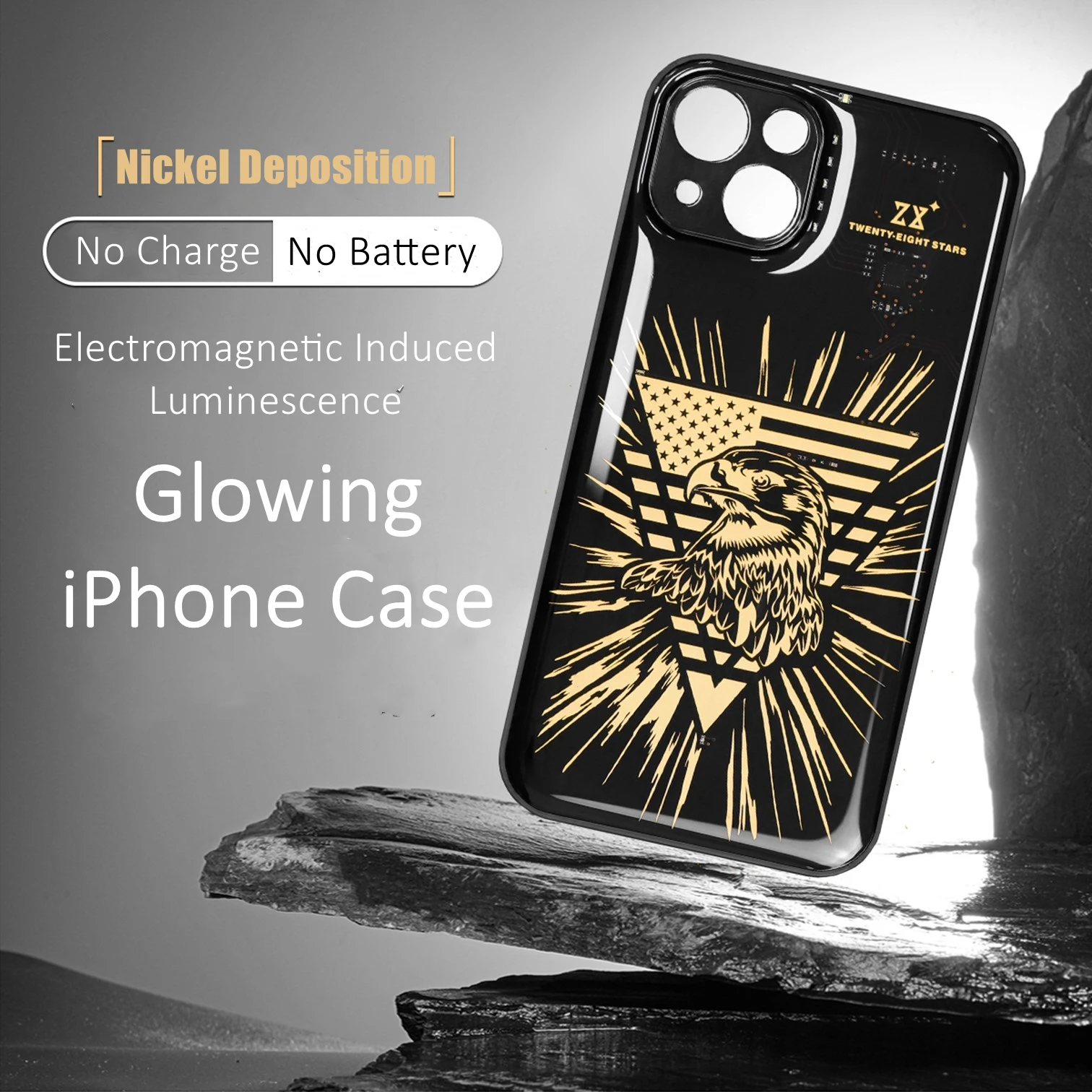 Luxury Bald Eagle Electromagnetic Induced Luminescence LED Glow Nickel Deposition Pattern Resin Back iPhone 13 14 Pro Max Case