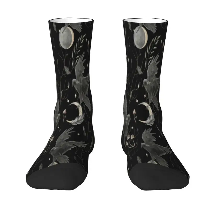 

Fashion Printed Crow Moon Socks for Men Women Stretch Summer Autumn Winter Halloween Spooky Witch Crew Socks