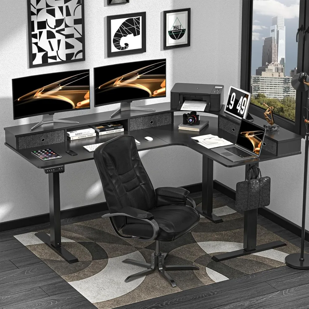 

Computer Desks, 67" L Shape Standing Desk, Electric L Adjustable Height Standing Desk with 4 Drawers, Computer Desks