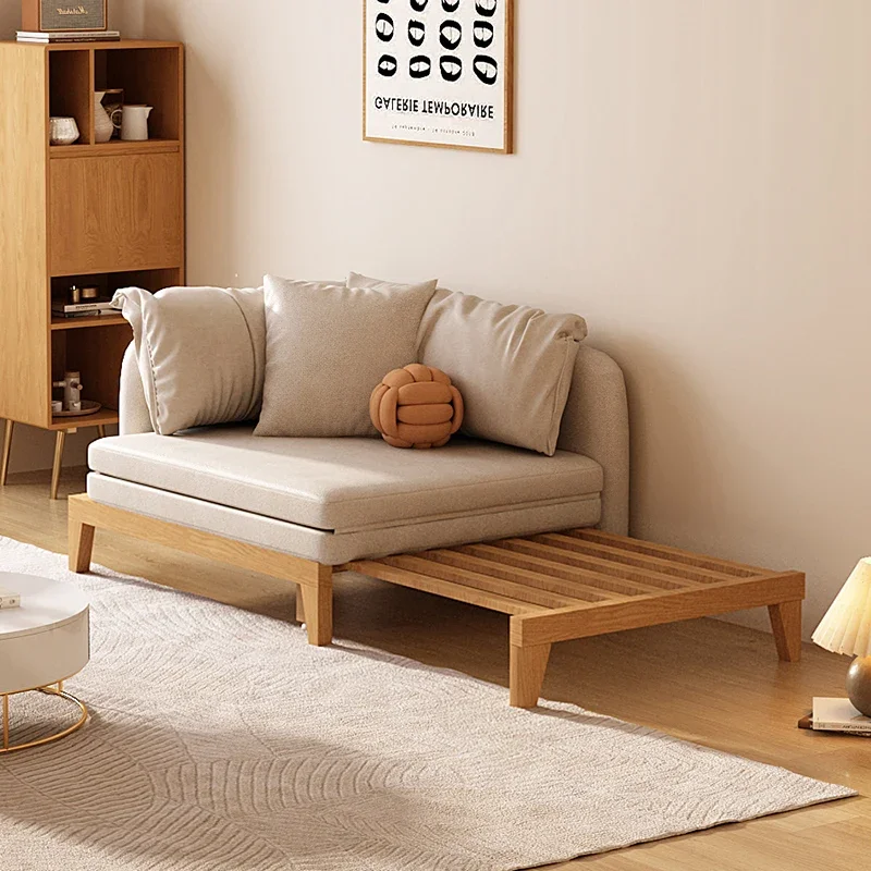 Japanese style solid wood single sofa bed, foldable dual purpose small unit, Nordic fabric sofa, living room, retractable noble