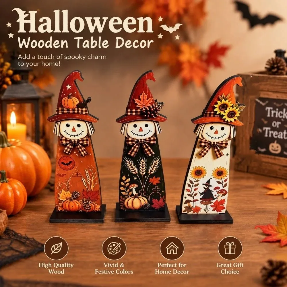 2D Flat Fall Scarecrow Wooden Sign Pumpkin Maple Plaid Bow Scarecrow Table Decor Vintage Autumn Themed