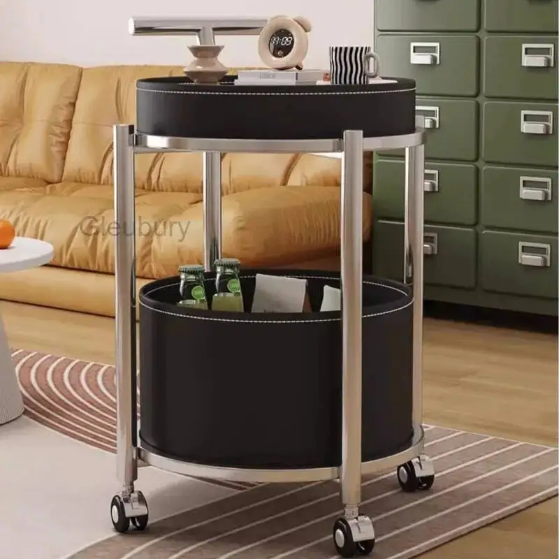 with Mobile Table Modern Metallic Side Frame and Leather Storage Round Rolling Cart for Living Room and Bedroom