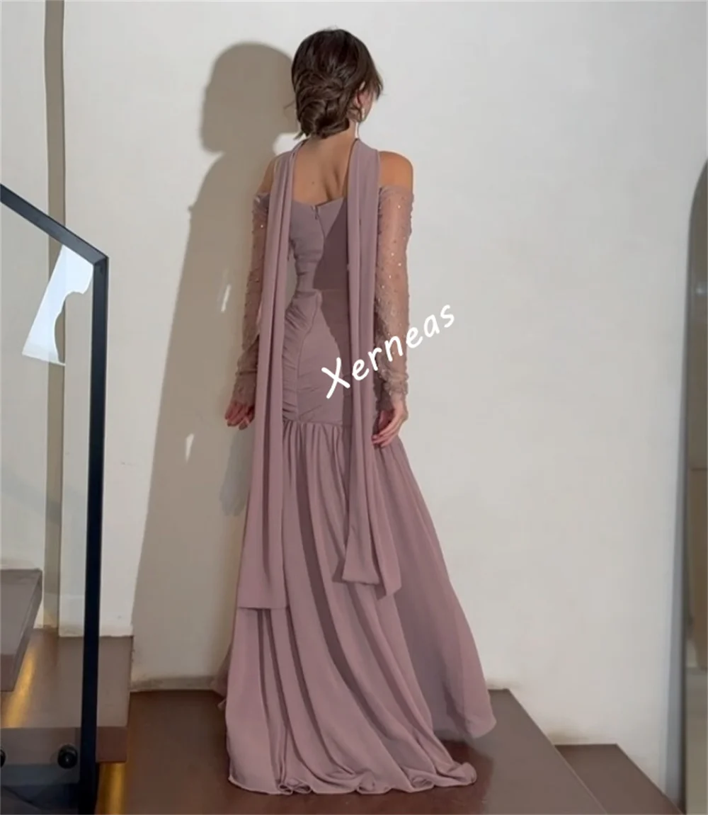 Robe longue de soirée en mousseline de soie, personnalisée, plissée, perles, charmante, épaules dénudées, trompette, sur mesure, pour occasions, haute qualité