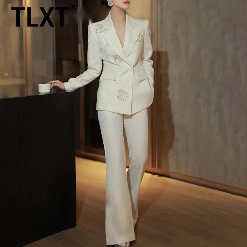 

TLXT Fashion Women's Solid Elegant Two Piece Sets Lapel Long Sleeves Spliced Sequins Blazer High Waist Pant Set Female Fashion
