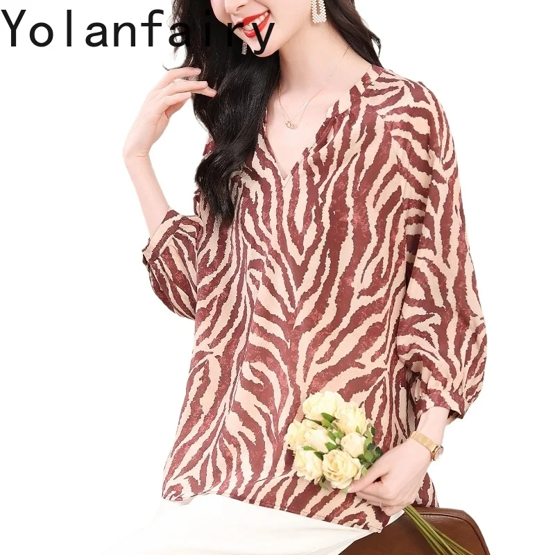 YOLANFAIRY 100% Natural Mulberry Silk Shirts for Women Luxury 2025 Spring Summer Unique Printed Blouses Elegant Woman Tops New