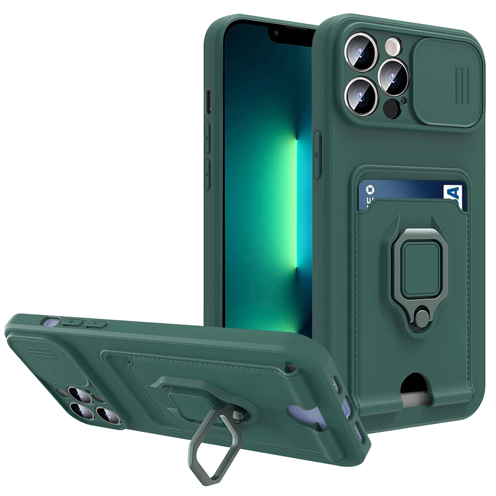 Funda de teléfono con soporte de tarjeta de anillo magnético de lujo para iPhone 16, 15, 14, 13, 12, 11 Pro, XS, Max, X Plus, cubierta de Protección de Privacidad de lente deslizante