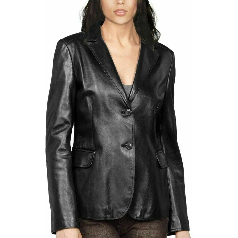 Blazer noir classique à deux boutons pour femme, manteau en cuir pur d'agneau authentique