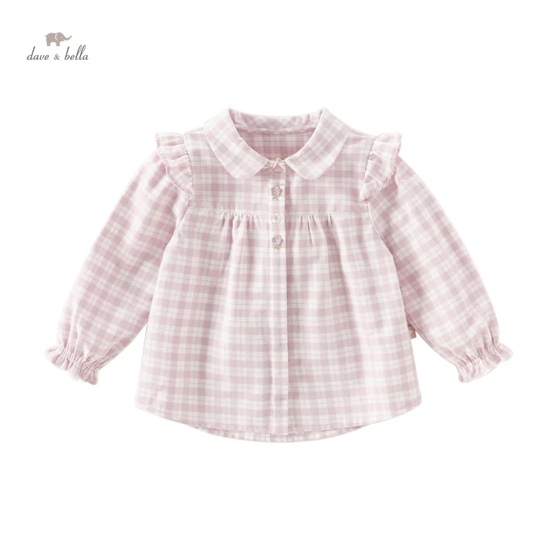 Dave Bella Children's Plaid Shirt 2024 New Autumn Girls Baby Pure Cotton Blouse Comfortable Long Sleeve Top Gentle DB3241437