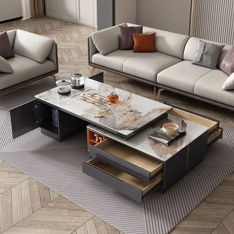 Rock Slab Kung Fu Tea Table Modern Light Luxury Living Room Coffee Table TV Cabinet Combination Multi Functional Home