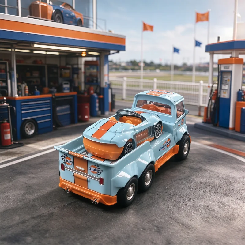 Racing-style alloy car model kit, flatbed transport trailer and sports car die-cast metal vehicles, desktop decorative collectib