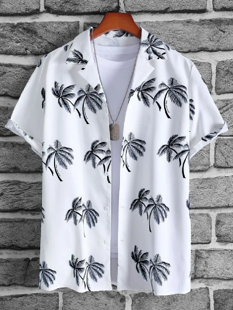 

Hawaiian men's short sleeved shirt with coconut tree print pattern fashionable and casual lapel shirt luxurious and retro style