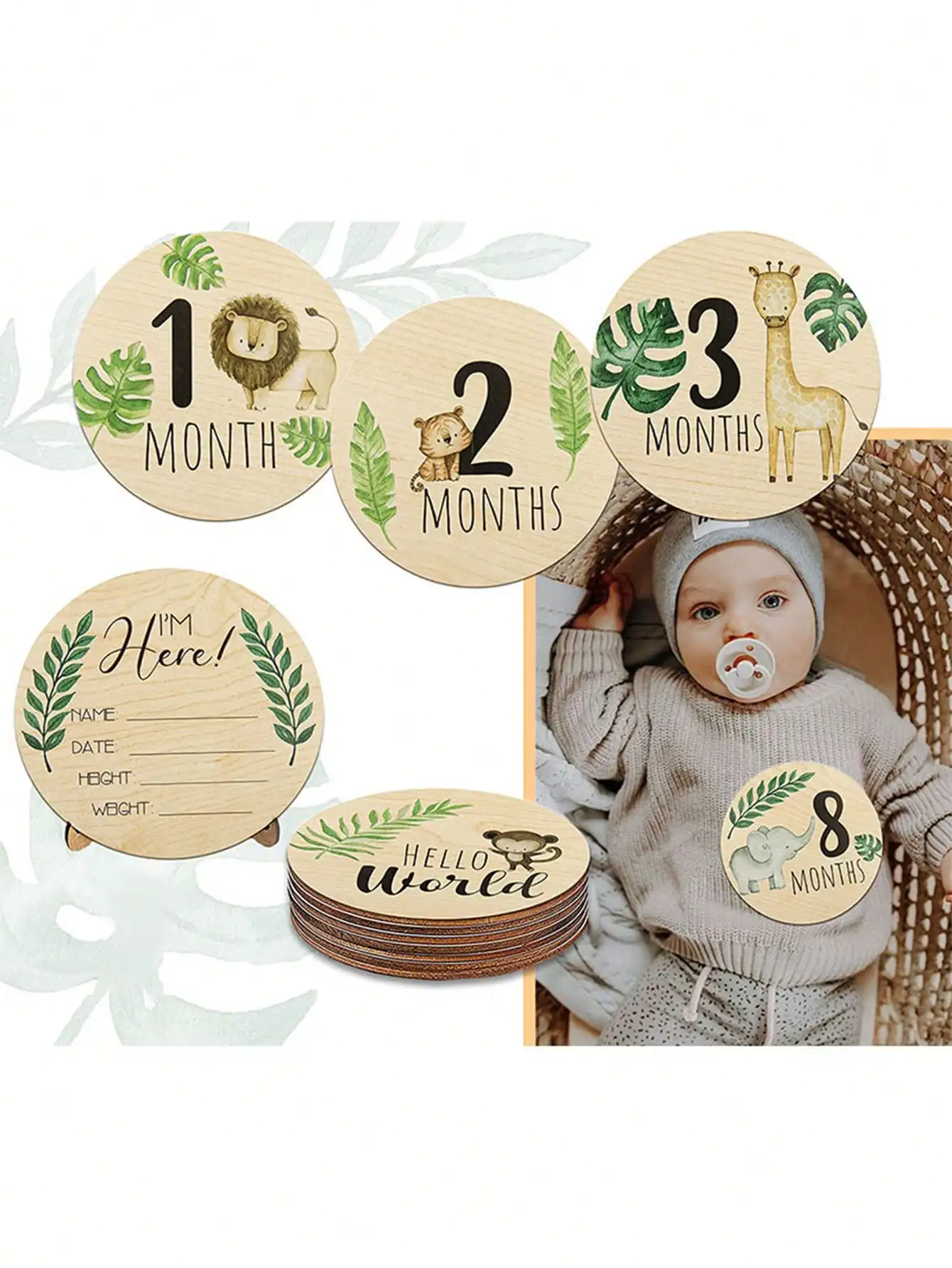 7 Wooden Baby Monthly Milestone Cards Wooden Welcome Newborn Photography Props Month Round Sign Props