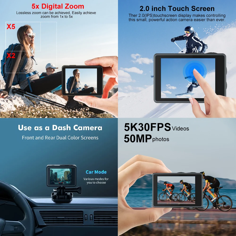 Cámara táctil de acción 5K 48MP 4K 60FPS Dual IPS táctil LCD DVR EIS 30M impermeable 5X Zoom cámara deportiva con Control remoto