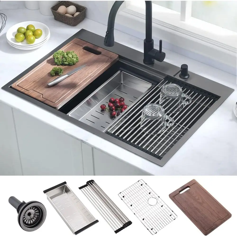 

Черная кухонная мойка 33 дюйма с одной чашей из нержавеющей стали 16G и разделочной доской