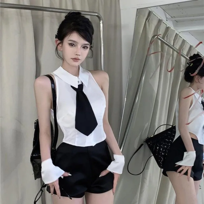 Summer White Waist Temperament Short Top Tie Shirt Women Sleeveless Blusas Mujer De Moda 2024 Sexy Blouse Tanks Bow Shirts