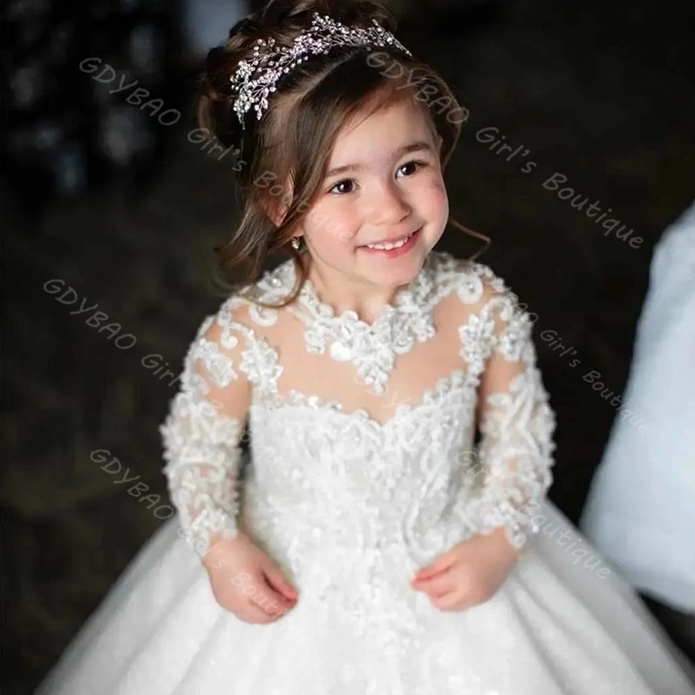 Vestido de niña de flores blanco para boda, Maxi tren con purpurina, lazo, apliques de encaje con cuentas, vestido de baile de primera comunión de princesa personalizado