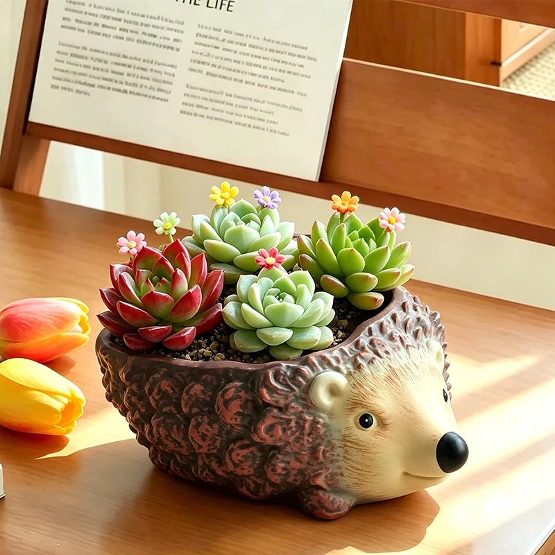 Cartoon Hedgehog Succulent Planter Figurine Lovely Animal Pot Unique Gift for Plant Lovers Housewarming Garden Table Home Decor