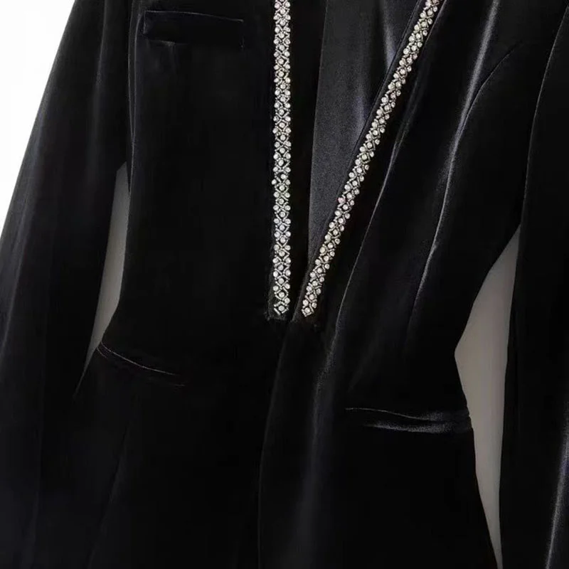 Gold velvet beaded Women Blazer 2024 New Korean Fashion Autumn Long Sleeve  Office Work Blazers Lady Jackets Coat Female Tops