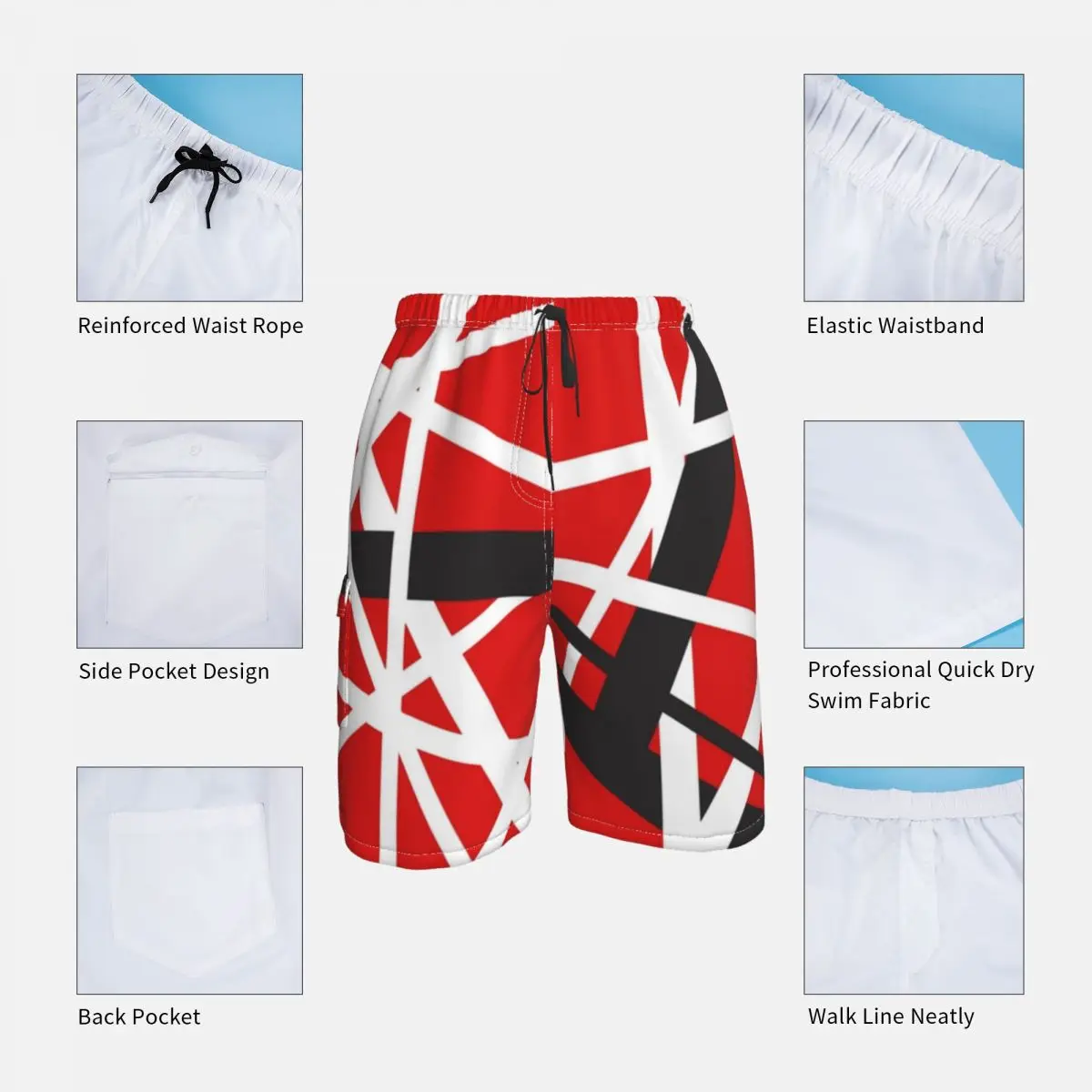 Van Halen Board Shorts EVH 5150 STRIPES Board Short Pants Elastic Waist Classic Design Swimming Trunks Plus Size