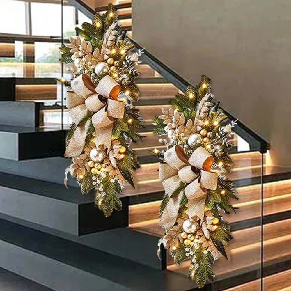 LED Artificial Garland Stair Wreath Pine/Bow Christmas Stairway Swag 23 In Light Up Cordless for Front Door Wall Window Stair