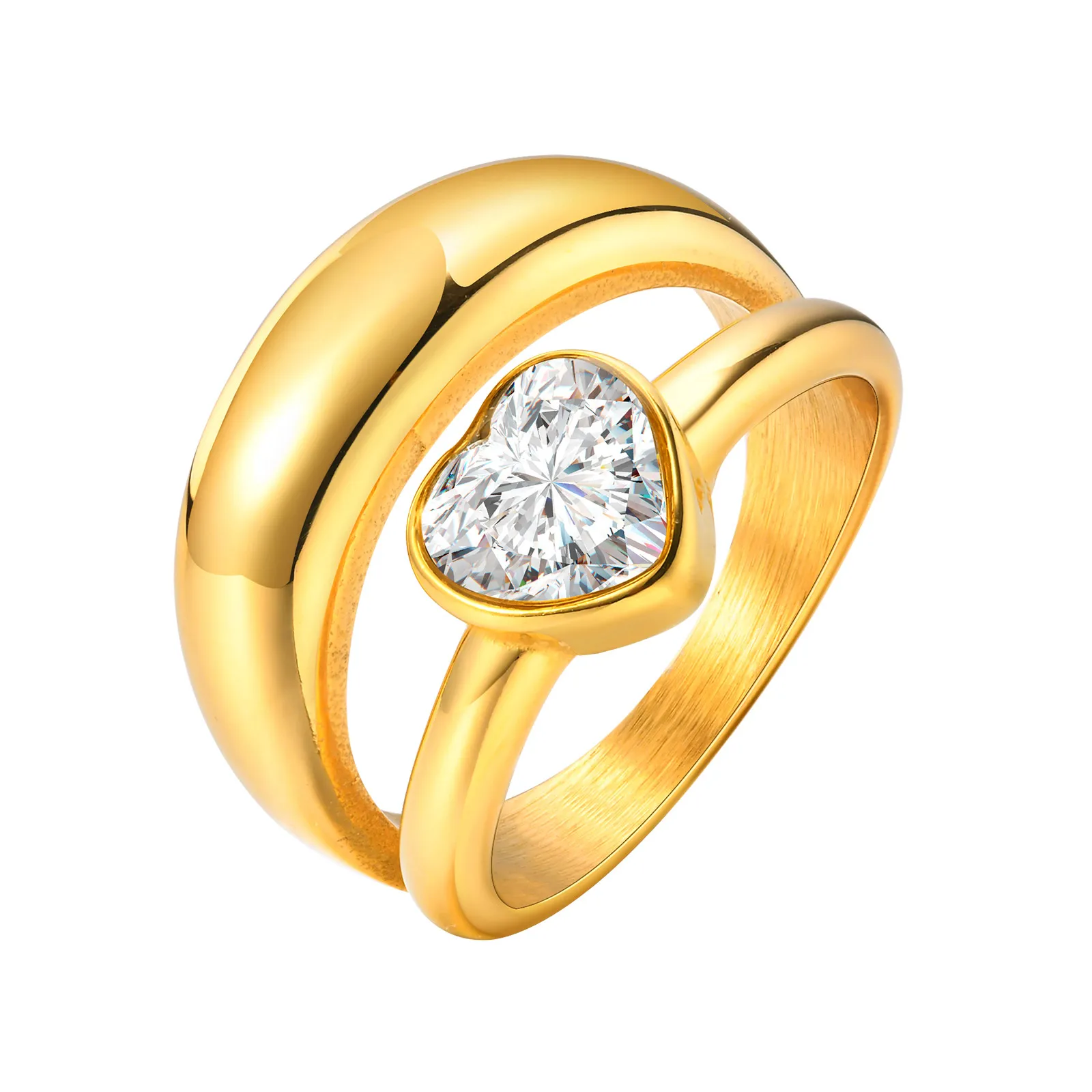 

Stainless Steel Smooth Heart Zircon Double Layer Rings For Woman Gold Color Geometric Wedding Couple Ring Aesthetic Jewelry Gift
