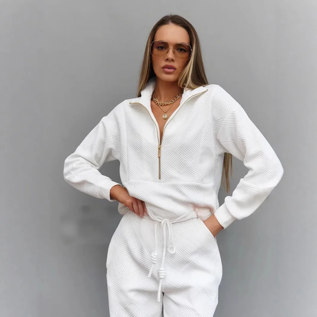 

Autumn Winter 2 Pieces White Women's Sets Stripes Tracksuit V Neck Pullover Tops And Jogging Long Pant Suits 2025 New Outfits