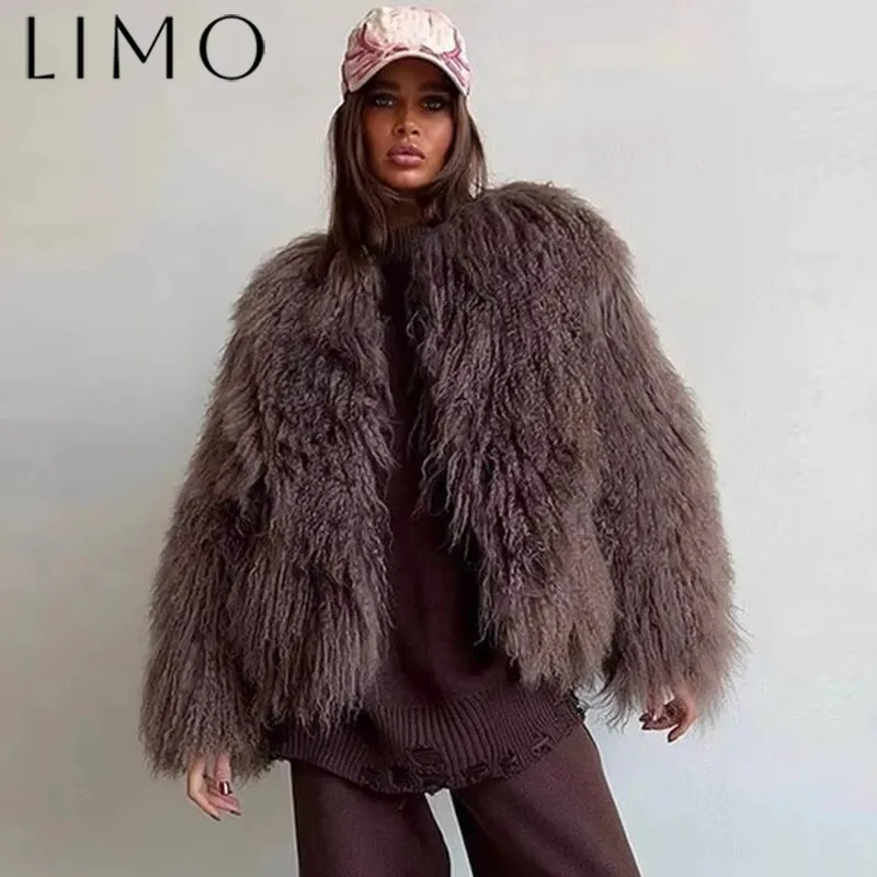 

DEAT модное коричневое пальто из искусственного меха женская с круглым вырезом свободная толстая плюшевая короткая куртка с длинными рукавами зимняя новинка