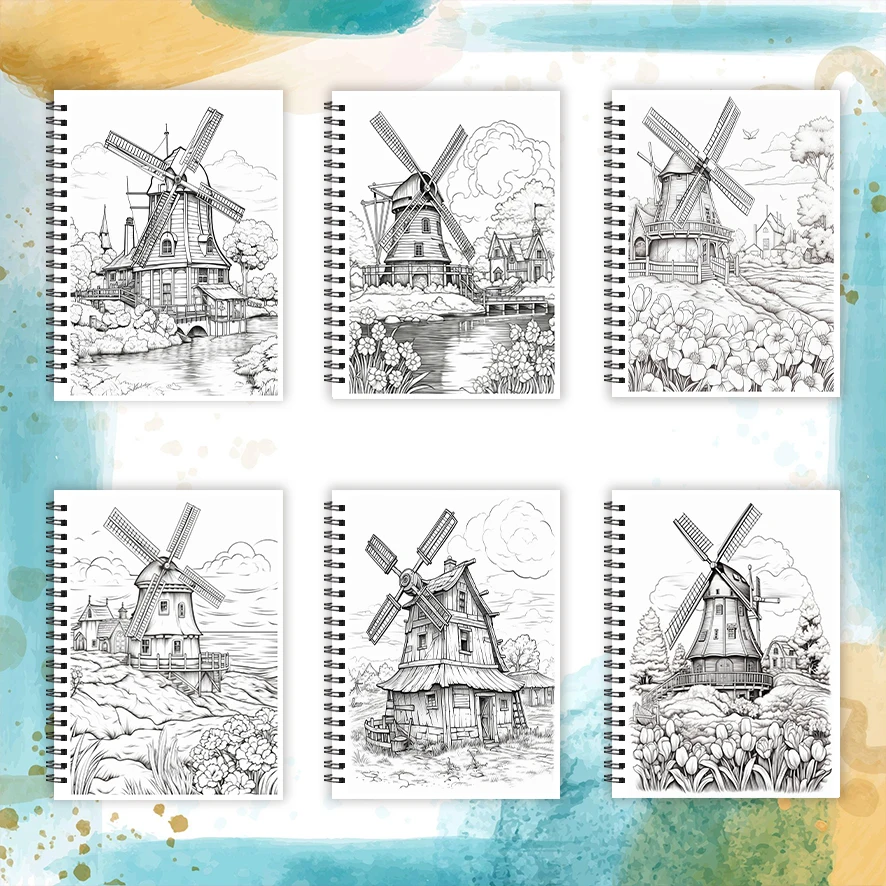 Libro da colorare per adulti Windmill - 8,3 x 11,2 pollici Libro da colorare da 32 pagine - Aiuta a ridurre lo stress e allevia le emozioni