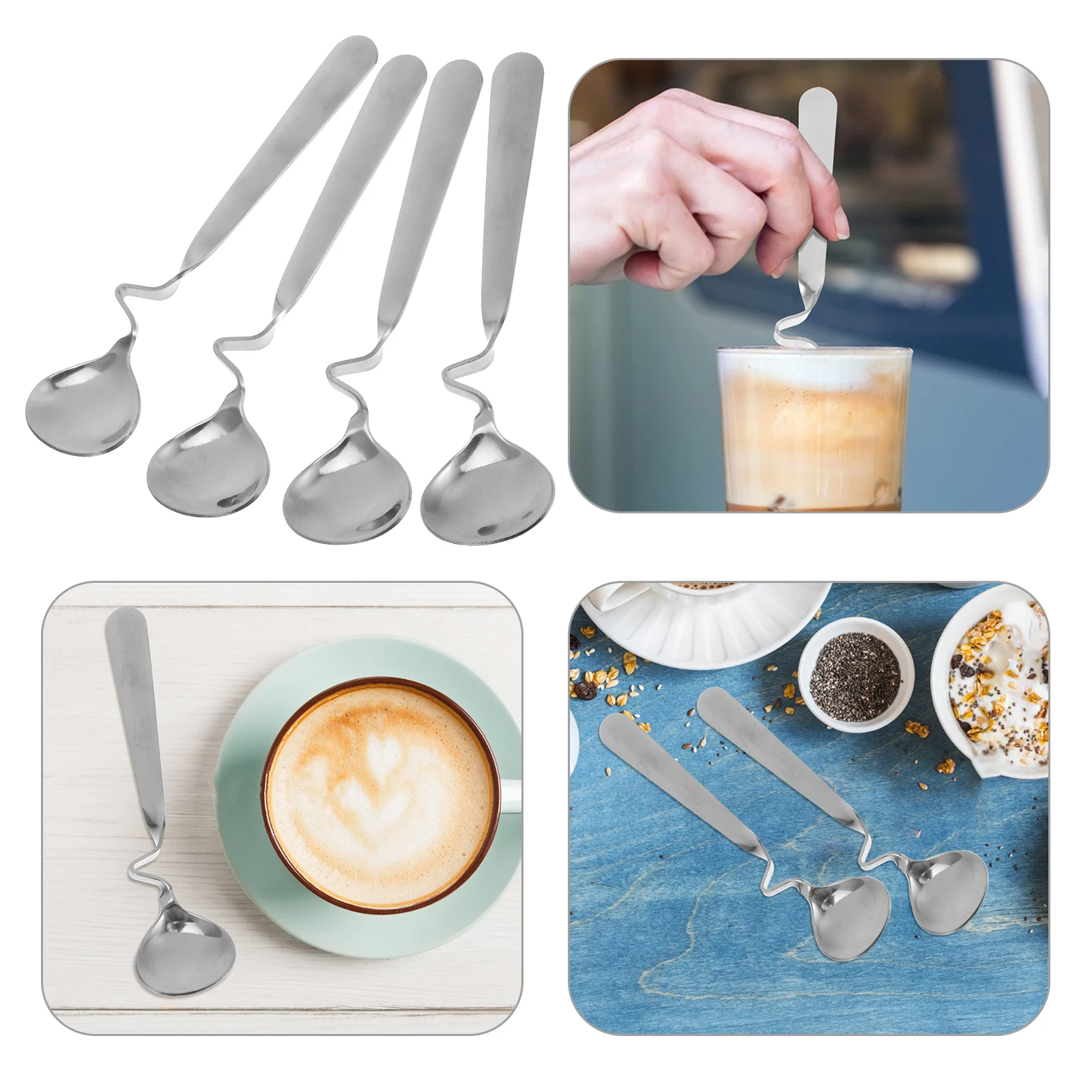 

4pcs Stainless Long Handle Small Tea Tableware Curving Handle Mixing Spoon Dessert Spoon Safe Touch