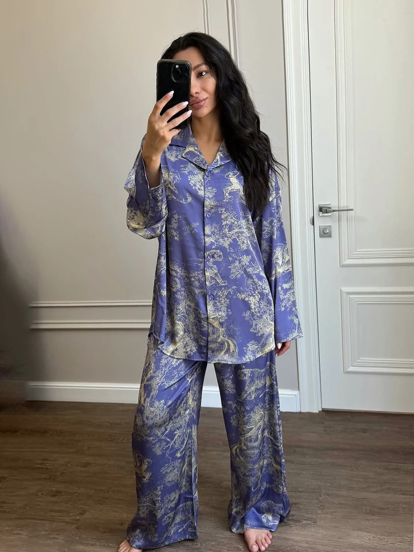 

Marthaqiqi Winter Women Nightwear Suit Long Sleeve Sleepwear Turn-Down Collar Pajama Pants Printing Ladies Nightgown 2 Piece Set