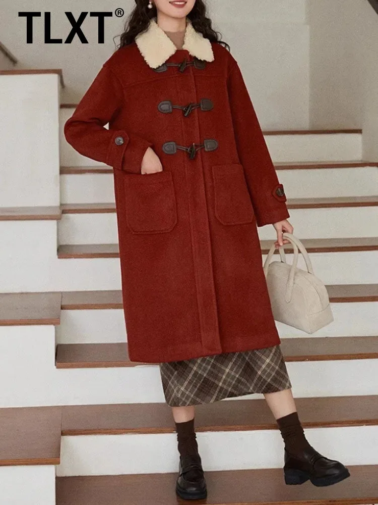 

TLXT элегантное женское шерстяное пальто с воротником из искусственной овечьей шерсти, корейский стиль, пальто с длинными рукавами и пуговицами, женское зимнее пальто 2023 г.