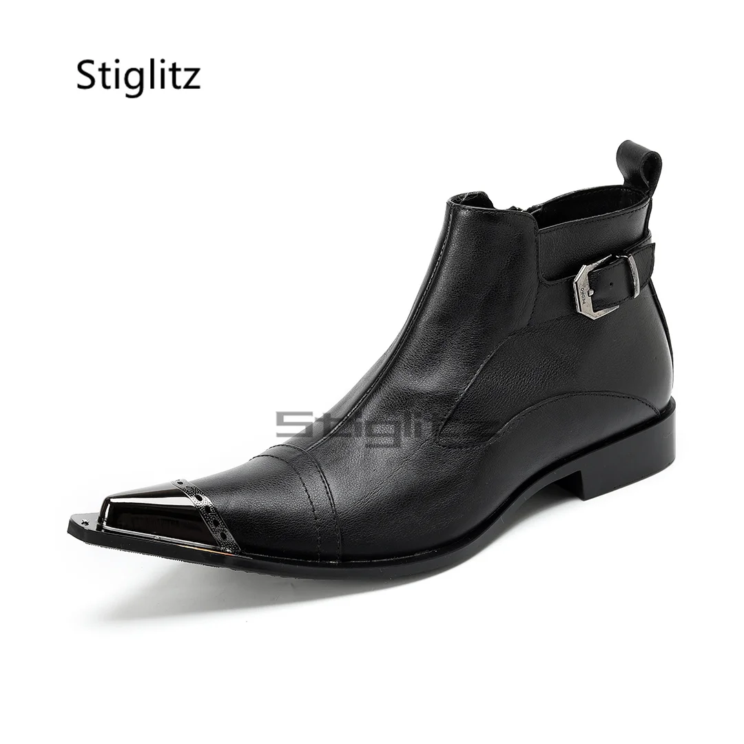 Genuine Leather Chelsea Boots for Men Metal Pointed Toe Black Belt Buckle Ankle Boots British Style Business Dress Male Shoes