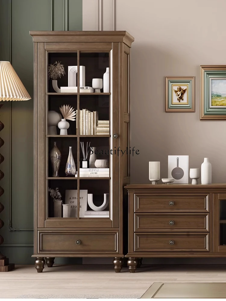 

03.American all-solid wood side cabinet, bookcase, single door, living room locker, pure solid wood small apartment