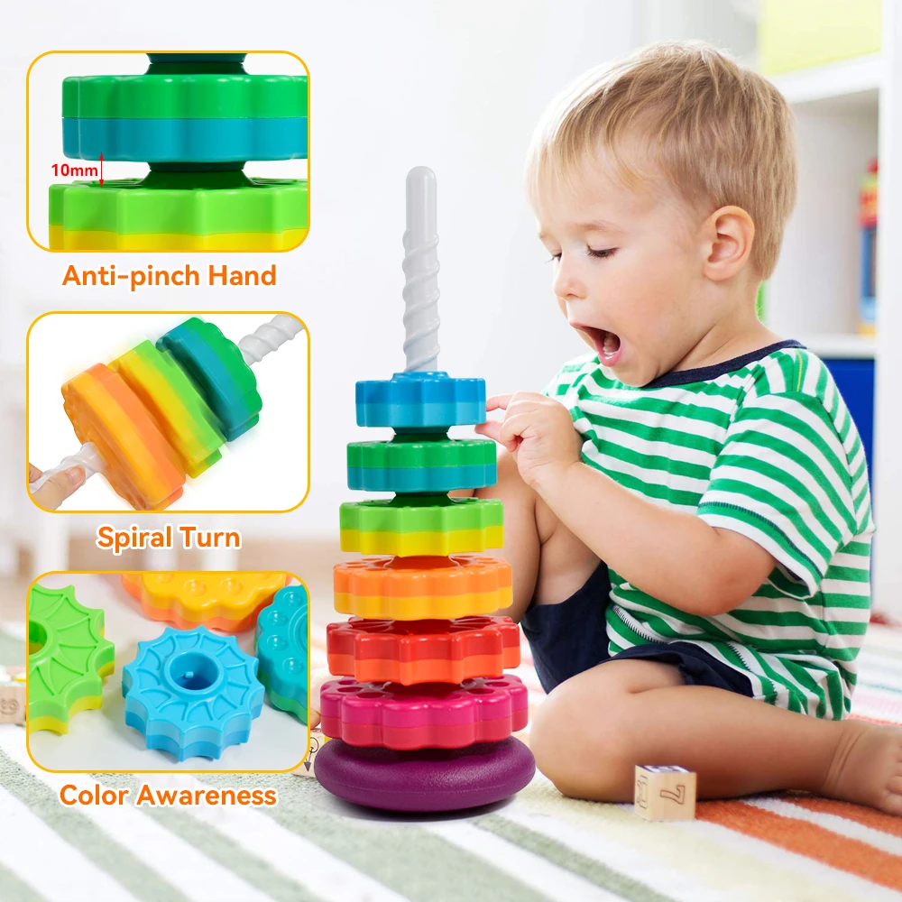 Baby Rotating Rainbow Tower Montessori Baby Stacking Puzzle Toys Safety Early Educational Toy Safety Colored Children\'s Toys