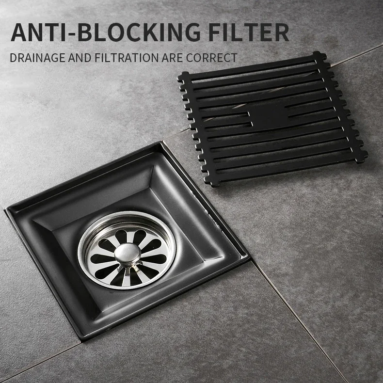 

Black Floor Drains 10cm Square Shower Drain Brass Floor Drain Trap Waste Grate With Hair Strainer Bathroom Shower Accessories