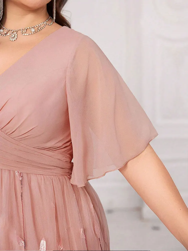 Pink V Neck Chiffon Bridesmaid Sequin Evening Dress 4XL 5XL Big Size Shiny Banquet Summer Evening Dress Prom Dress