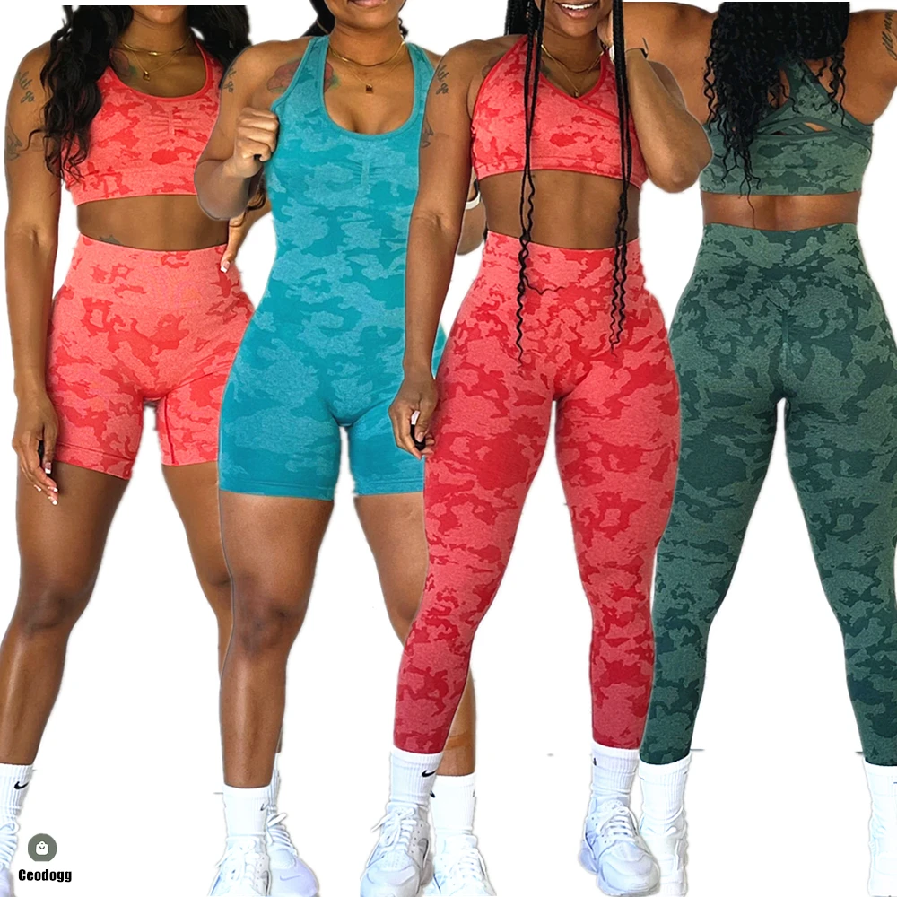 QK Seamless  Women Camo Yoga Sets Workout Scrunch Legging Shorts Back Cross One Female Jumpsuit Fitness Gym Rompers Active Suits