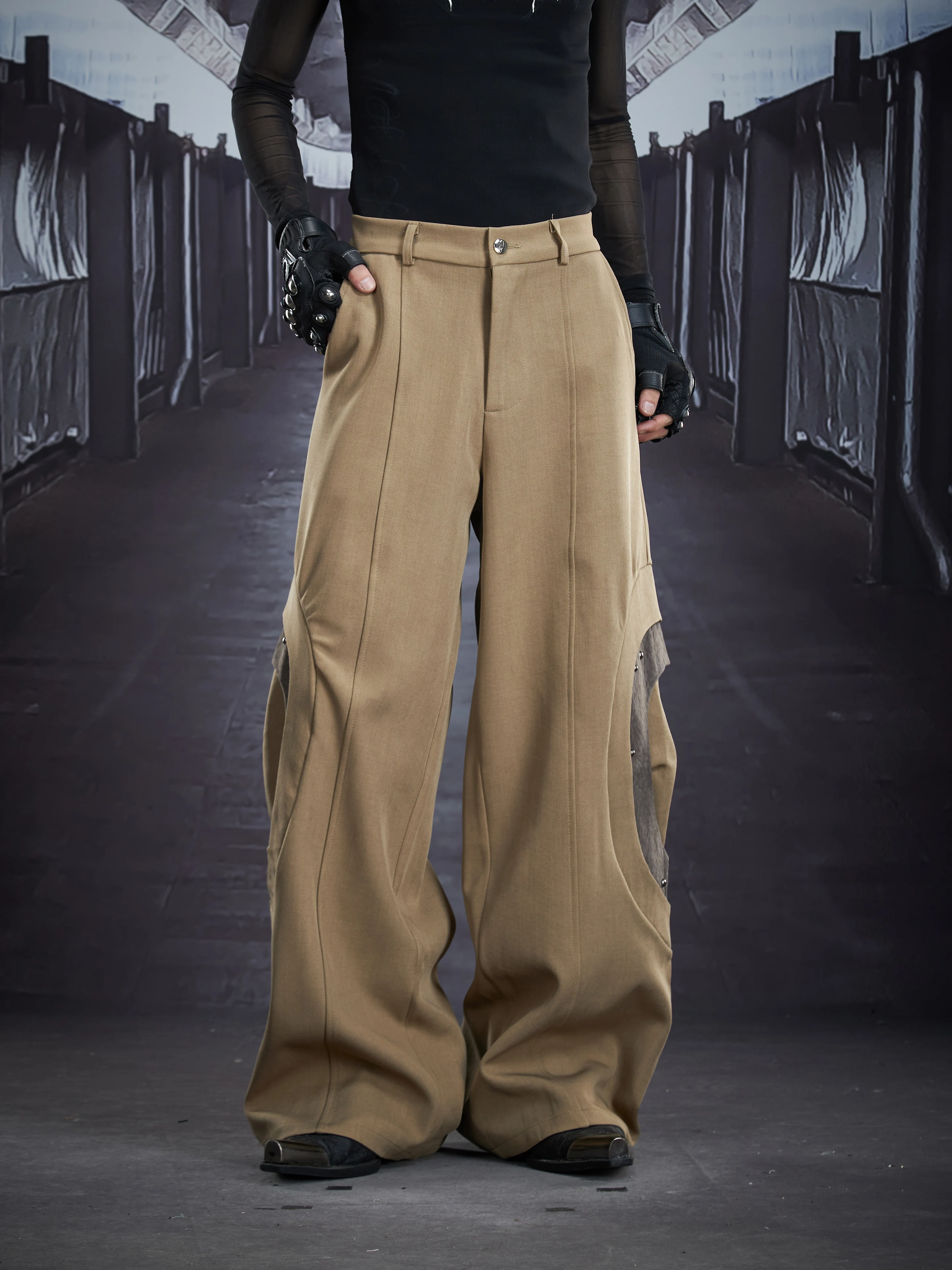 Design New Deconstruction Stitching Rivet Pleated Loose Straight High-Grade Drape Suit Pants Casual for Men and Women