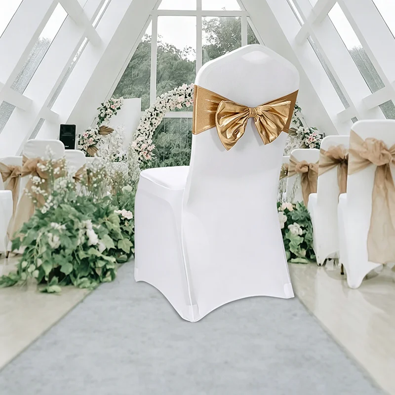 

Bronzing Coated Lycra Bands Metallic Gold Spandex Chair Cover Sashes For Wedding Event Banquet Party Decoration