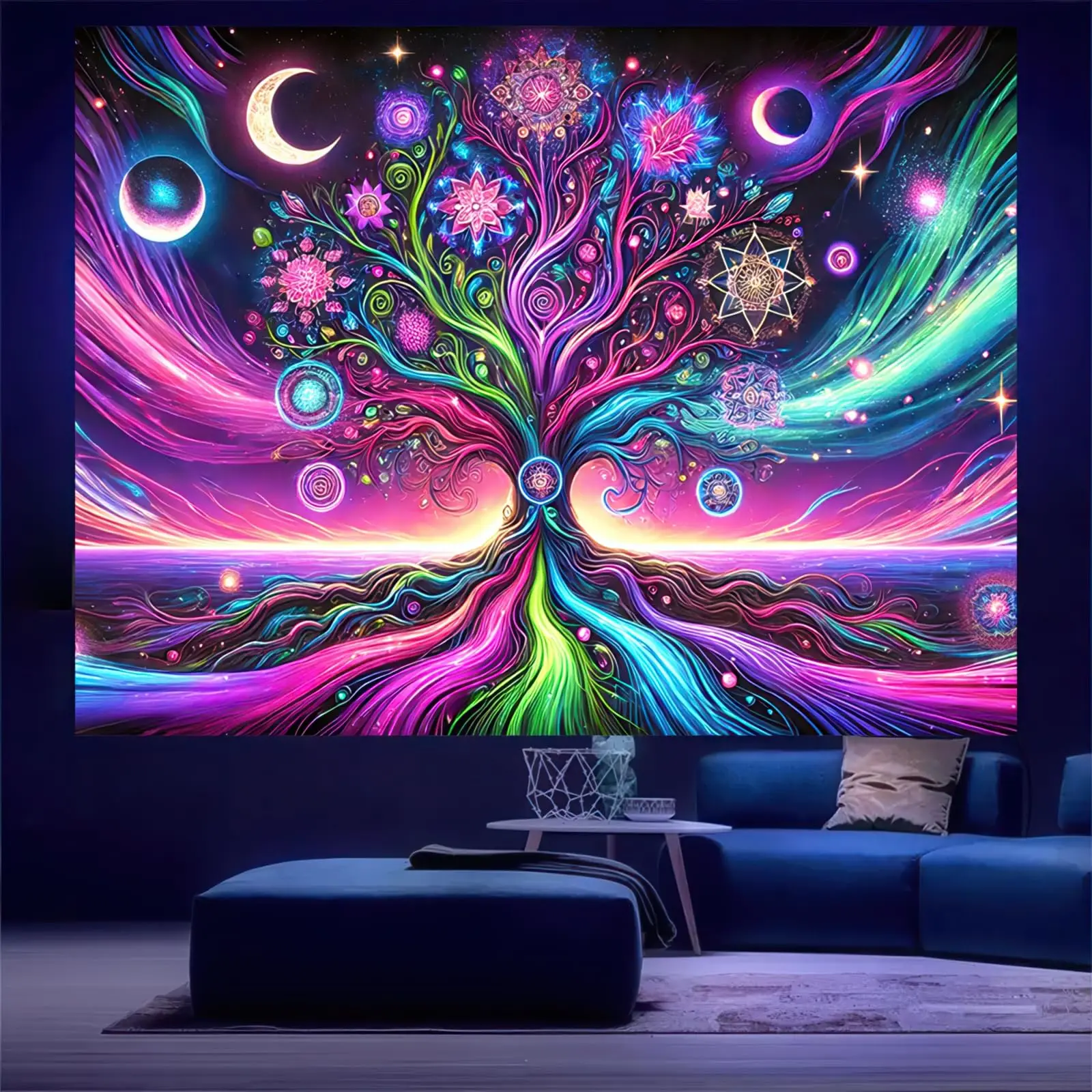 Blacklight Baum des Lebens Wandteppich Psychedelic Space Galaxy Neon Wandteppiche UV-reaktiver Wandteppich Glow In The Dark Neon-Hintergründe