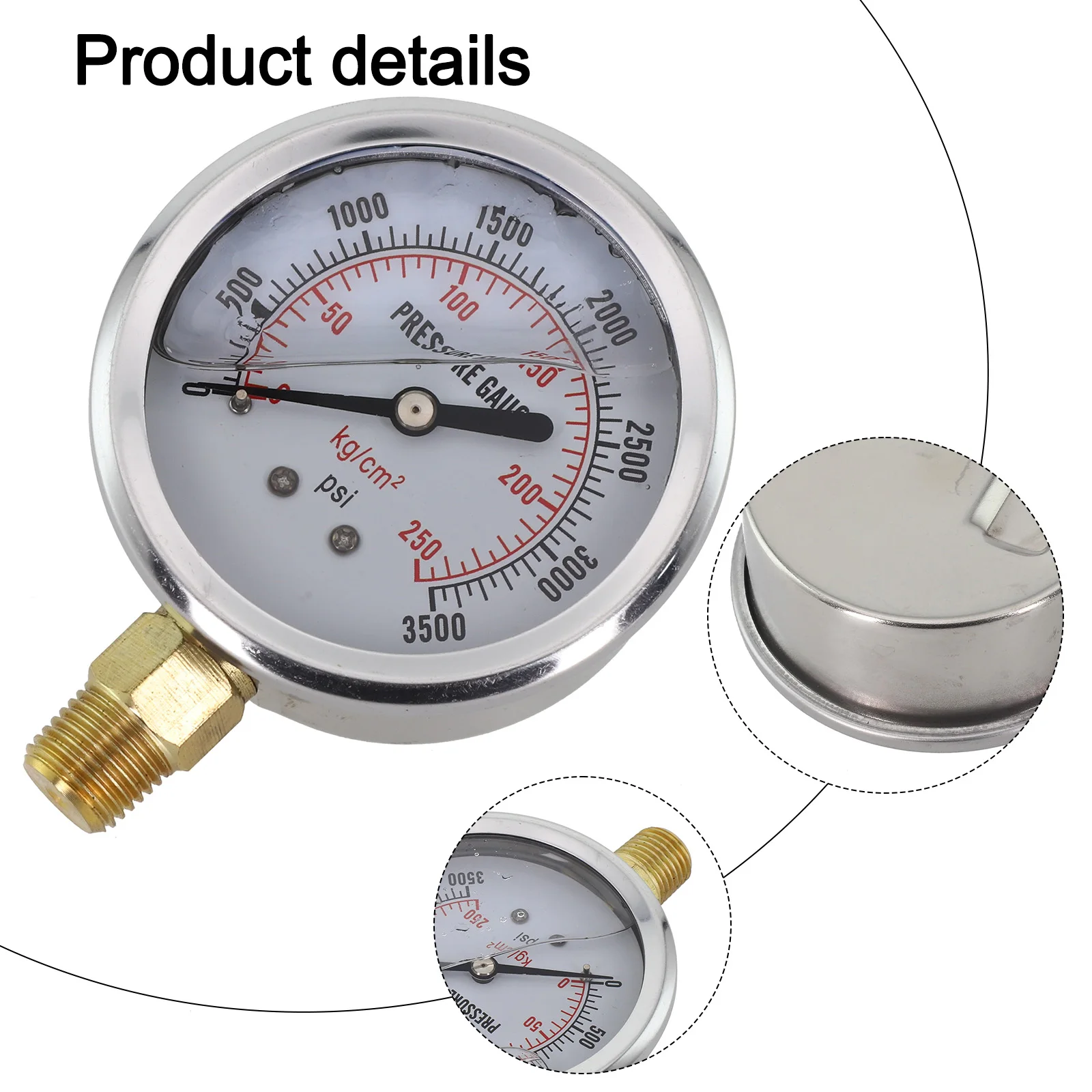 Stainless Steel Hydraulic Oil Pressure Gauge 0-3500Psi Glycerin Filled 1/4 Inch NPT Lower Mount For HVAC And Fluid System Testin