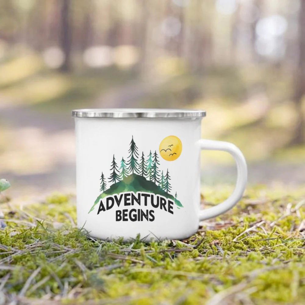 Adventure Begins Mountain Printed Enamel Creative Coffee Water Cups Camping Mugs Handle Drinkware Campfire Party Mug Idea Gifts